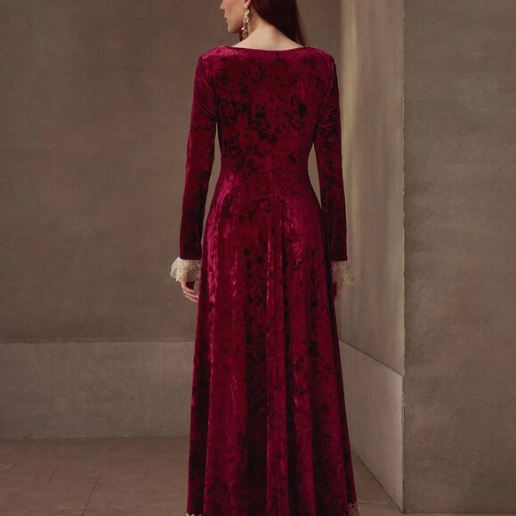 Burgundy Elegant Women's Lace Patchwork V-Neck A-Line Dress - Picture 4 of 6